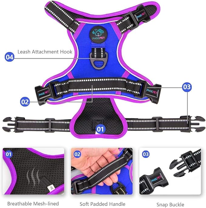 Upgraded No Pull Dog Harness, Reflective Adjustable Vest | with a Training Handle + 2 Metal Leash Hooks+ 3 Snap Buckles +4 Slide Buckles(M, Royal Blue) - Image 3