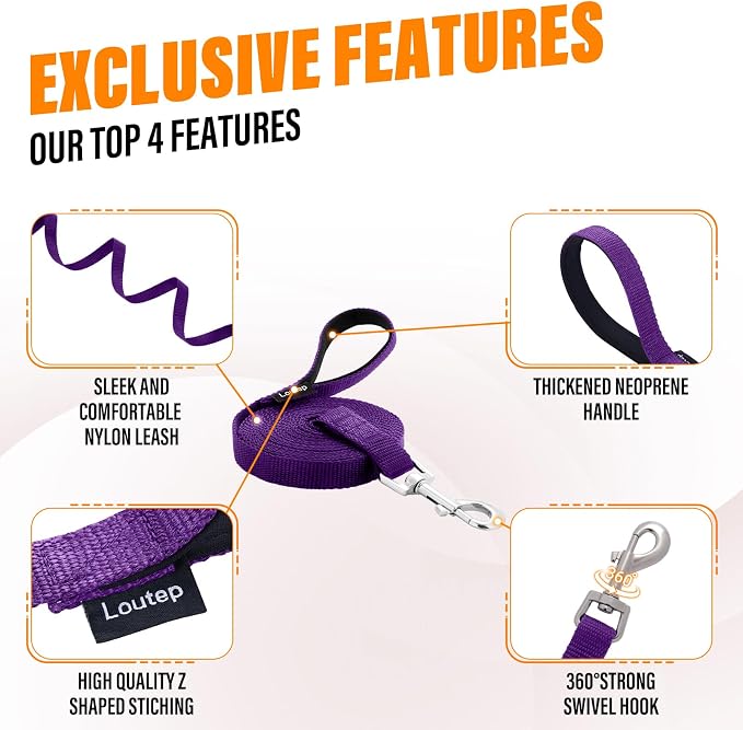 Long Line Dog Training Leash with Padded Handle, 15 ft, Purple | Durable nylon webbing with reinforced stitching and 360° swivel clip for recall and obedience - Image 5