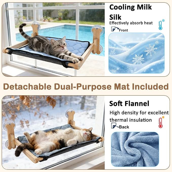 SZEE Cat Window Perch, Cooling Window Cat Bed with Cooling Mat, Foldable Pet Perch Hammock with Sturdy Wooden Frame & Large Suction Cup, with Soft Flannel Plush Backing for All-Season Use - Image 7