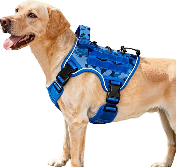 Heavy-Duty Tactical Dog Harness for Large Dogs, No Pull Adjustable Reflective Pet Vest with Molle System, K9 Military-Grade Control for Service Training, Outdoor & 10+ Breeds, Blue Camo, Medium by Bruvoalon