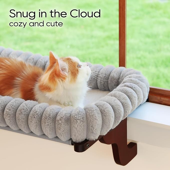 Zakkart SnugCloud Cat Window Perch with 4-Sided Bolster - Orthopedic Cat Hammock for Window Sill - Solid Hardwood & Metal Frame - Window Seat for Pets (Dark Stained Wood w/Gray Bed, Medium) - Image 2