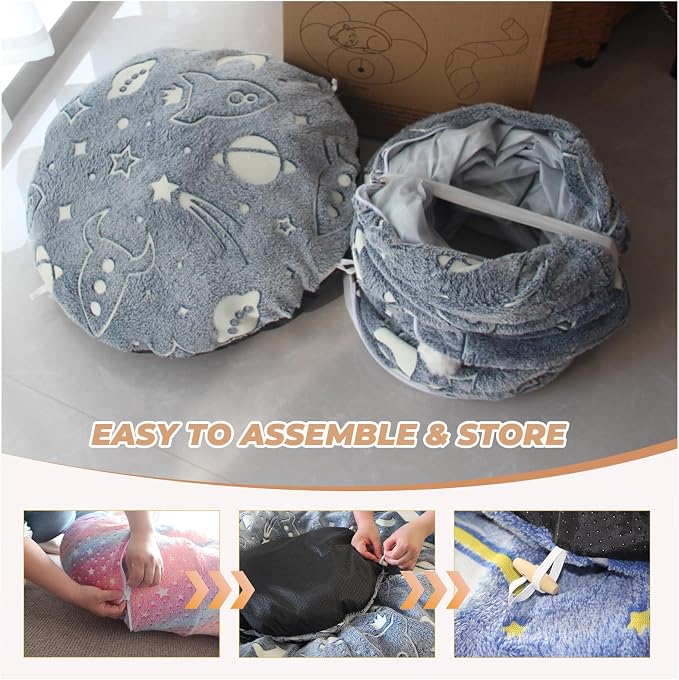 Large Cat Tunnels Bed Tube for Indoor Cats Under Christmas Tree Glows in The Dark Cat Tunnel with Cushion and Plush Ball Toy Longer Playground Toys for Dog Puppy Kitten Pet Gray - Image 6