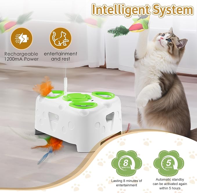 3-in-1 Automatic Interactive Cat Toy, Flying Bird, Mole & Feather | Rotating feather, 3 play modes, cheese-shaped non-slip base, USB-C rechargeable 1200mAh battery, 8-minute auto shutoff - Image 6