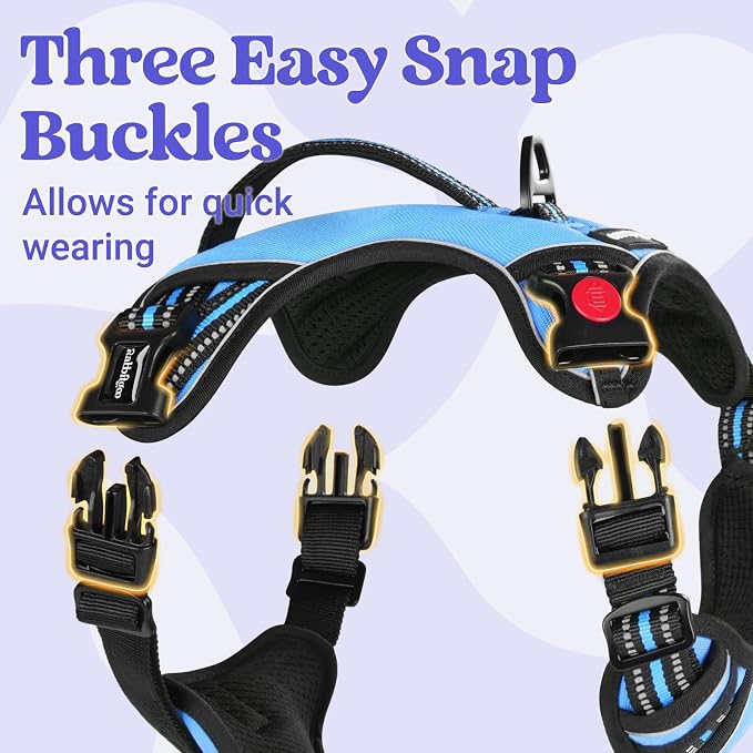 rabbitgoo Large Dog Harness, Easy Wear with 3 Buckles and Lift Handle | No Pull with Front Clip for Walking, Adjustable Soft Padded, Reflective, Easy Control, Light Blue, X-Large - Image 4