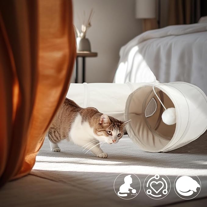 Cat Tunnel, 2-Way Collapsible Cat Tube with Interactive Peek-A-Boo Hole, Toy Ball, and Rope Ideal for Indoor Cats, Kittens, and Rabbits, Beige - Image 6