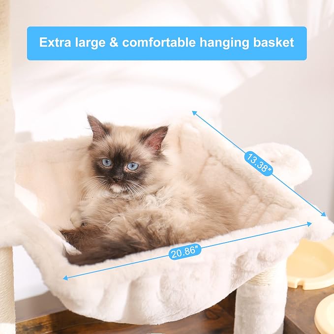 Hey-brother Cat Tree Tower, Food Station, XL Litter Box Enclosure, MPJ101SR | 48.81 Inches Wooden All-in-one Cat Furniture, Large Hammock, Bed, Scratching Posts, Big Basket for Indoor Cats, Rustic Brown - Image 4
