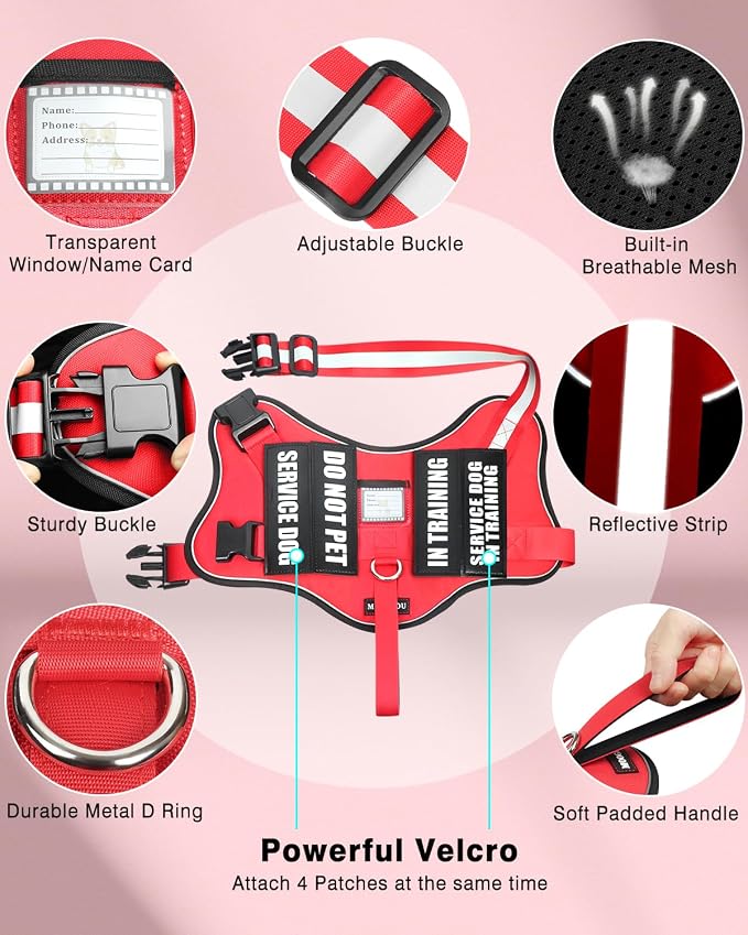 Service Dog Vest Harness and Leash Set+10 Patches Red XS | Adjustable Reflective Do Not Pet Emotional Support Dog Vest with 2 Soft Padded Handle,MOLLE,for Everyday Training Hiking - Image 3