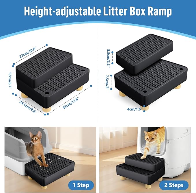 Extra Large 2 Steps Cat Litter Box Step Ramp, Cat Litter Catcher Mat with Wooden Feet, Filter Function, Cat's Pedal Stool for Self-Cleaning Litter, Suitable Kitten & Elderly Cats (Black) - Image 2
