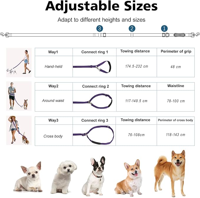 8.5ft Hands Free Dog Leash Adjustable for Medium Dogs, Purple | Versatile Handheld Crossbody Waist Lead with 3 Rings, Easy Adjust for Running Jogging Walking, Sponge Handle - Image 4