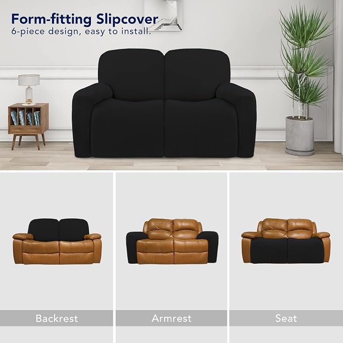 PureFit Super Stretch Loveseat Recliner Sofa Couch Cover with Pocket | 2 Seats Non Slip Soft Sofa Slipcover, Washable Reclining Furniture Protector for Kids, Pets (Recliner Loveseat, Black) - Image 4