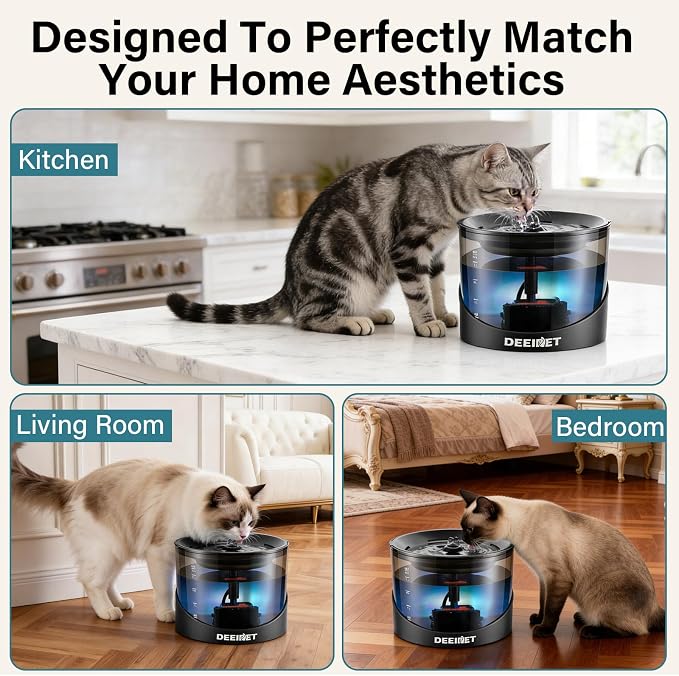 DEEIPET 2.2L/74oz Bubbling Cat Water Fountain, 360° Drinking Area, 24H Oxygen-Rich Flow, Replaceable Pump & BPA-Free ABS, LED Auto Shut-Off Pump, Ultra Quiet USB Adapter, for Cats & Small Dogs - Image 8