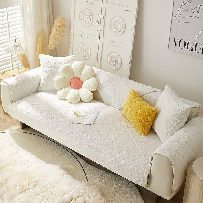 vctops Geometric Jacquard Plush Sofa Couch Covers Farmhouse Neutral Non Slip Sectional Couch Cover Soft Warm Sofa Slipcover for Dogs, Children, Pets Furniture Protector (White,36"x47") - Image 3