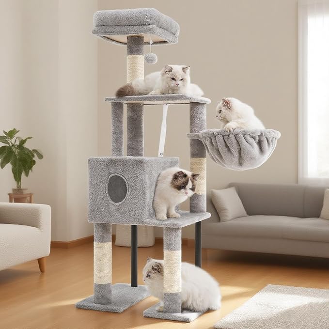 Heybly Cat Tree with Toy, 49.2 inch Cat Tower for Indoor Cats HCT200SW-1 | Spacious Cat House Condo with Hidden Space，Soft Plush Top Perch，Cozy Hammock and Sisal Scratching Posts, Light Gray - Image 2