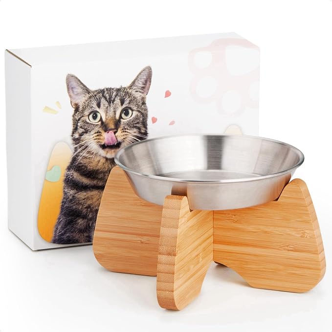 Raised Stainless Steel Cat Bowl with Bamboo Stand (1 Pcak) | Dishwasher Safe, Non-Slip Pads, Wide, Flat and Shallow Bottom, Anti Whisker Fatigue, Cute, Plate for Dry and Wet Food by GUWINA