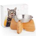 Raised Stainless Steel Cat Bowl with Bamboo Stand (1 Pcak) | Dishwasher Safe, Non-Slip Pads, Wide, Flat and Shallow Bottom, Anti Whisker Fatigue, Cute, Plate for Dry and Wet Food by GUWINA