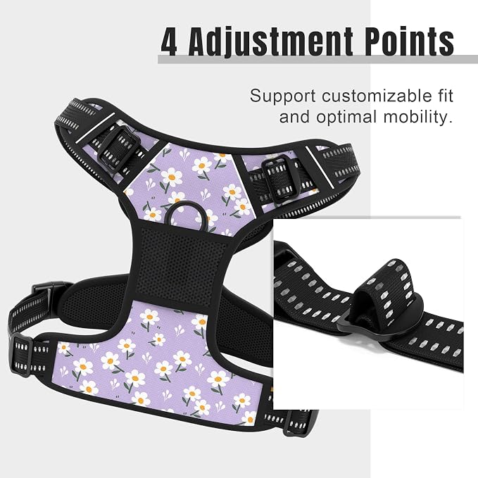Rnivvi No Pull Dog Harness, Cute Flower Reflective X-Small Sized Puppy Harness, Adjustable Soft Padded Vest for Small Dogs, Cats, Heavy Duty Pet Vest with Easy Control Handle for Walking, Purple White - Image 3