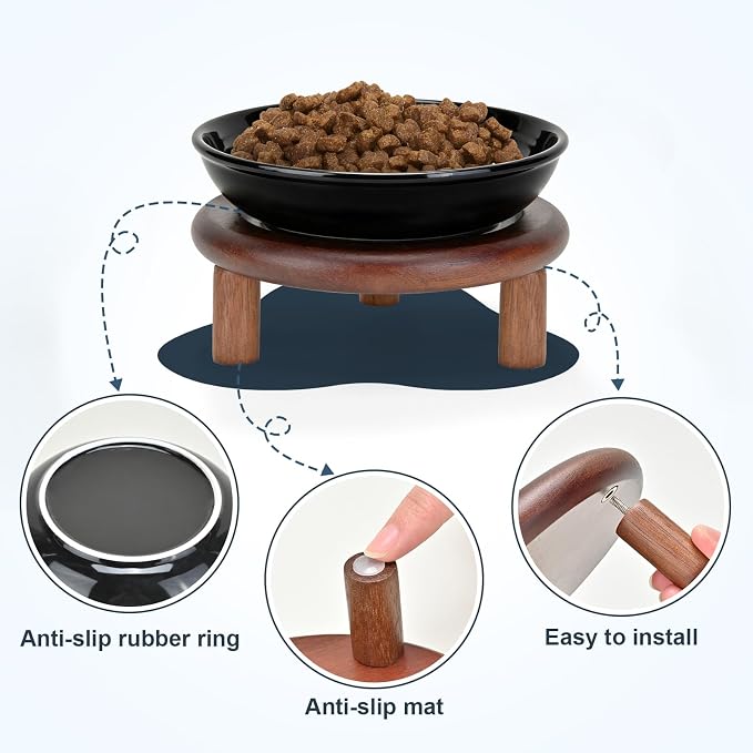 SPUNKYJUNKY Shallow Elevated Cat Bowl with Acacia Wood Stand Wide Raised Ceramic Cat Dishes Whisker Friendly Pet Food and Water Plates (Striped Pattern, 2 Pack, Black) - Image 5