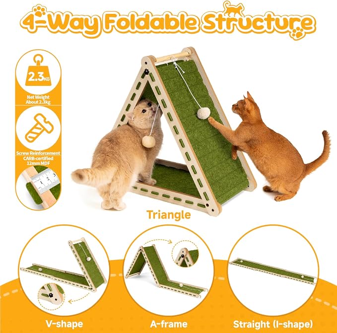Large Foldable Felt Cat Scratcher for Indoor Cats Full Body Stretch | Wear-resistant felt scratcher pad, cozy cat hideaway with hanging ball toy, suitable for kittens and indoor cats (Green） - Image 3