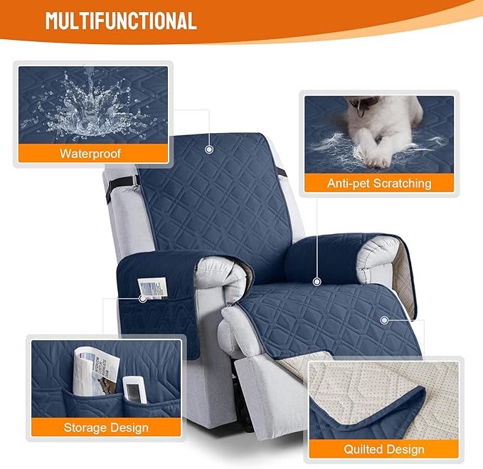 VANSOFY 100% Waterproof Recliner Chair Covers Washable, Navy Blue, 23.6" | Non-Slip, Slipcover with Pocket, Furniture Protector, Elastic Straps, Chair Cover for Pets, Dogs - Image 7