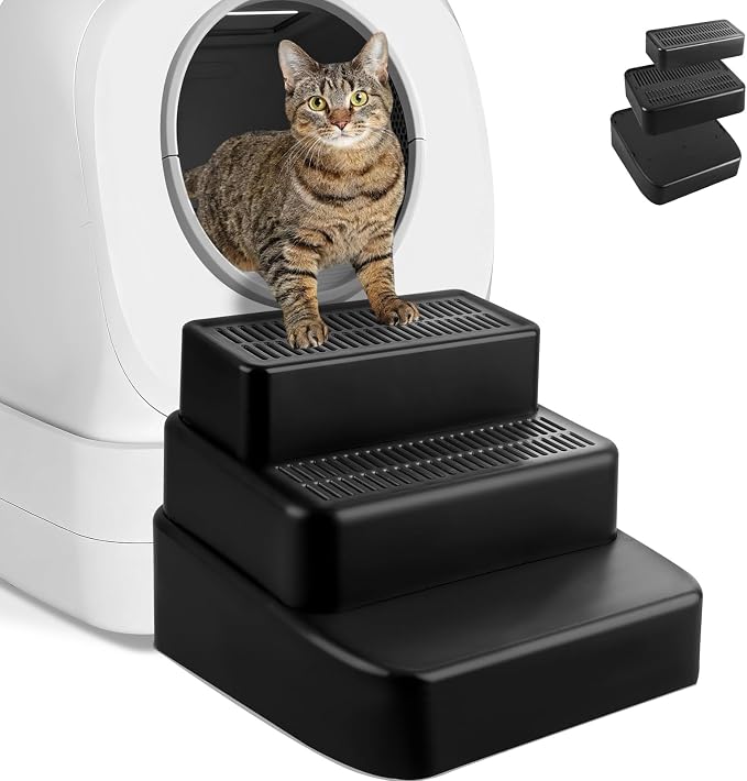 3 Step Litter Box Ramp Adjustable Detachable Litter Box Step, Black by Bartuke