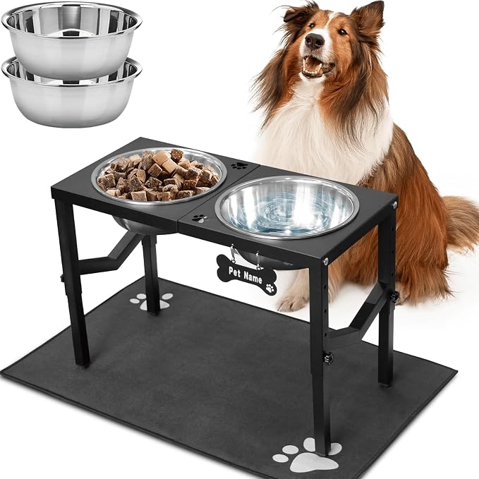 Elevated Dog Bowls, 4 Height Adjustable Metal Raised Bowl Stand with 2 Large 111 oz Stainless Steel Food Bowls & Spill-Proof Mat, Adjusts to 16.2'', 14.4'', 12.6'', 10.8'' for Large/Extra Large Breeds by FLODOMIXHOME