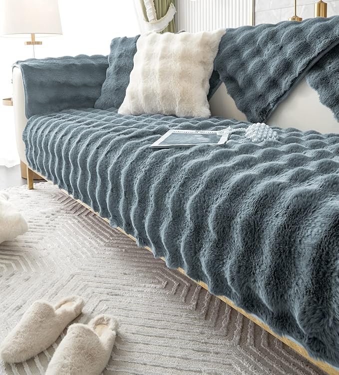 Faux Fur Couch Covers for Sofa Thick Fuzzy Sofa Covers for Dogs | Soft Warm Couch Cover Shaggy Fuzzy Sectional Sofa Cover Non-Slip Plush Sofa Slipcover Furniture Protector - Image 6