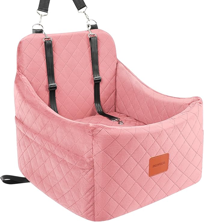 Dog Booster Car Seat for Dogs up to 35lbs, Safety Pet Car Seats with Anti-Slip Bottom, Travel Booster Dog Bed with 2 Storage Pockets (Pink, Medium) by INDYBUD