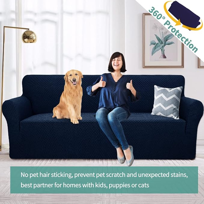 YEMYHOM Couch Cover Latest Jacquard Design High Stretch Extra Large Sofa Covers Pet Dog Cat Proof Oversized Slipcover Non Slip Magic Elastic Furniture Protector (XL Sofa, Navy) - Image 2