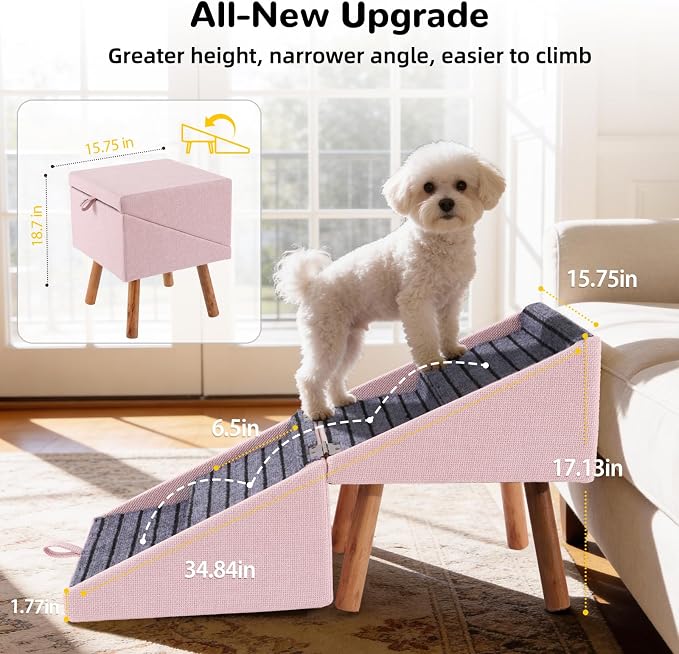 Dog ramp for Small Dogs, 2-in-1 Pet Steps & Ottoman | Foldable Dog ramp for Couch, Non-Slip Wooden Pet ramp for Puppy Senior Injured Dogs (Pink, XL(17.13H)) - Image 3