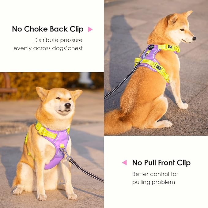 No Pull Dog Harness, Unique Colors Reflective Adjustable Dog Vest | with Soft Training Handle Metal Clips for Small Medium Large Dogs (Baby Purple Base & Yellow Straps,XL) - Image 4