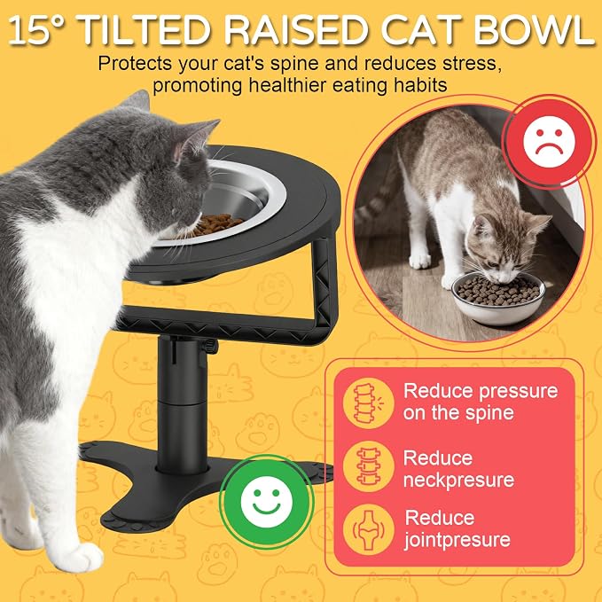 Raised Cat Bowls with Height-Adjustable Stand 15° Tilted Cat Food Bowls Non-Slip Feeder Adjusts to 2.4", 4.02",5.98" with Stainless Steel Bowls Whisker Friendly for Cats and Puppy (Black) - Image 4