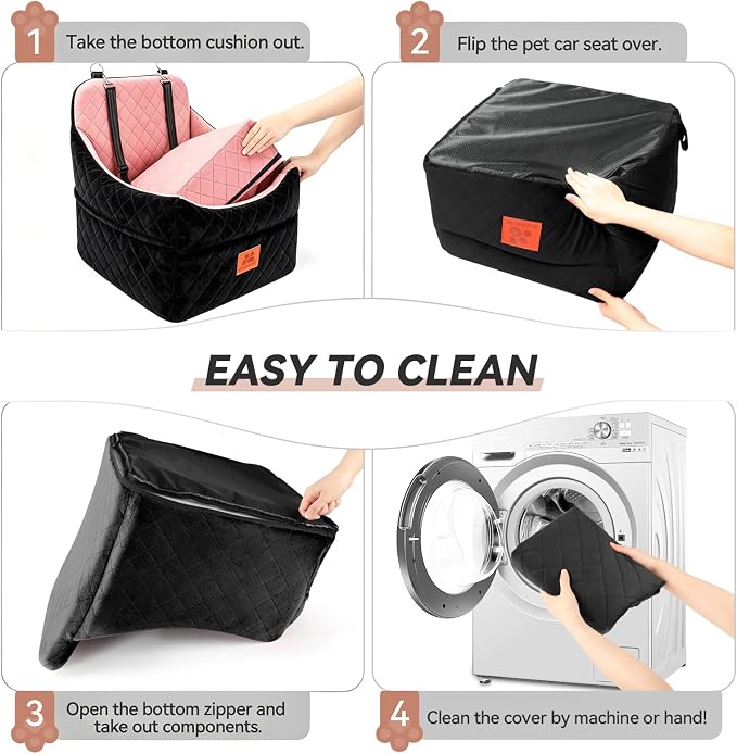 GL GLENSLAVE Dog Car Seat for Small/Medium Dogs, Dog Booster Car Seats with Thick Cushion for Dogs Under 35 lbs, Detachable Washable Pet Carseat with Storage Pockets, 2 Safety Belts(Black/Pink) - Image 7