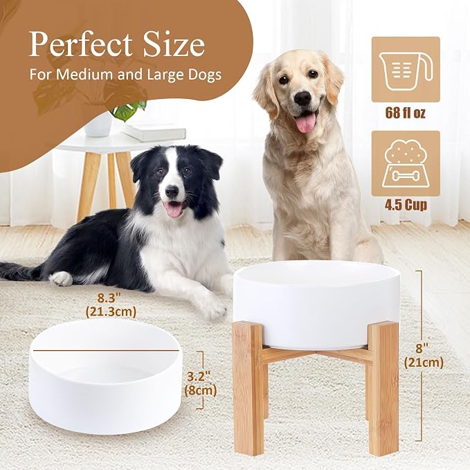 Raised Ceramic Large Dog Bowl - Heavy Weighted Dog Dish with Bamboo Stand - Elevated for Comfortable Feeding - 8.3" W x 8" H - 4.5 Cups (68 fl oz) - White - Image 2