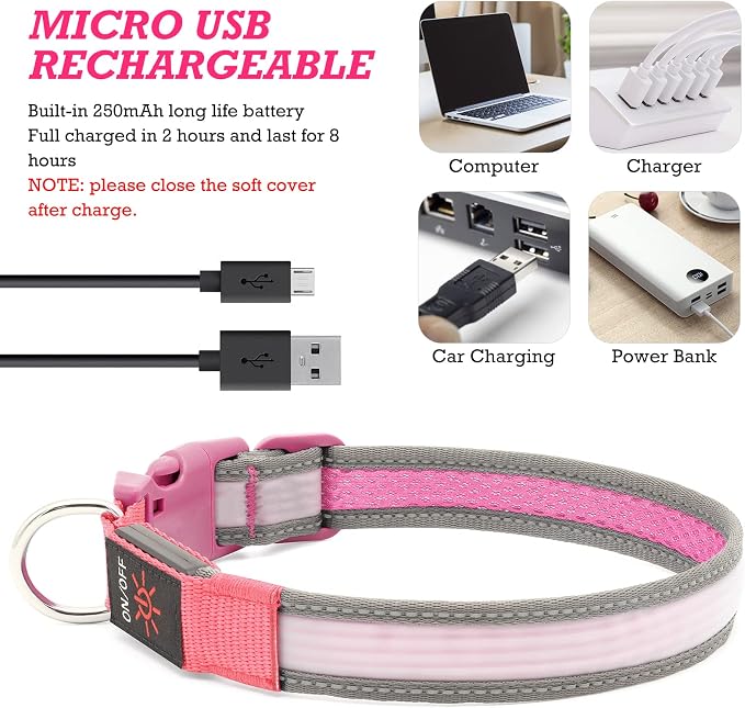 LED Dog Collar, Dog Light Up Collar,for Night Walking (Medium, Pink-2) | Full Adjustable,Waterproof,Nylon,Soft,Super Bright Light Collars for Small Medium and Large Dogs,USB C to Charge - Image 5