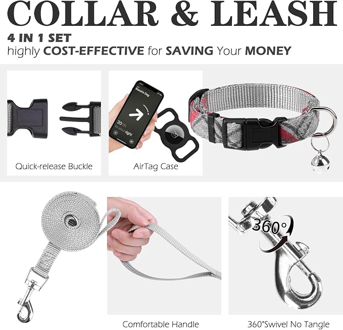 Classic Plaid Puppy Harness - Small Dog Harness and Leash Set - Dog Collar and Leash Set with AirTag Holder, Soft Padded Step in Dog Vest Harness No Pull Reflective for Outdoor, Grey XXS - Image 2
