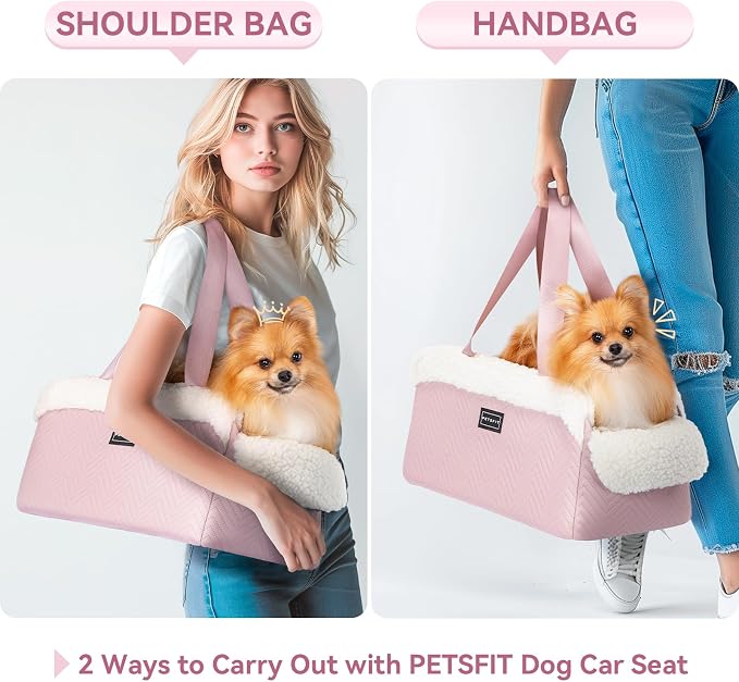PETSFIT Cat Car Seat, Portable Console Dog Car Seat with Safe Protective Hooks, Luxury Pet Car Seat Includes Safety Leash and Storage Pocket for Pets Up to 9 lbs (Pink) - Image 3
