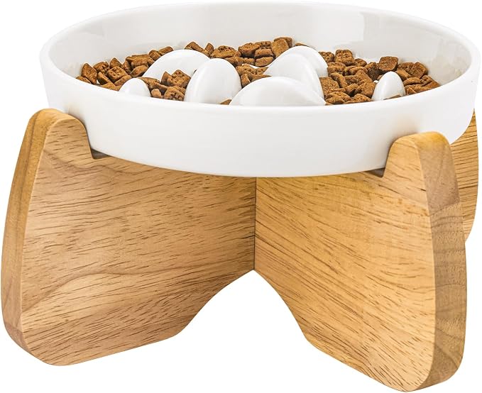 Raised Ceramic Slow Feeder Cat Bowl 6.3" Wide with Stand (1 Pack) | Anti-Gulping & Keep Fit, Dishwasher Safe, For Dry and Wet Food, For Cats and Small Dogs, Shallow Bottom Puzzle Feeder by GUWINA