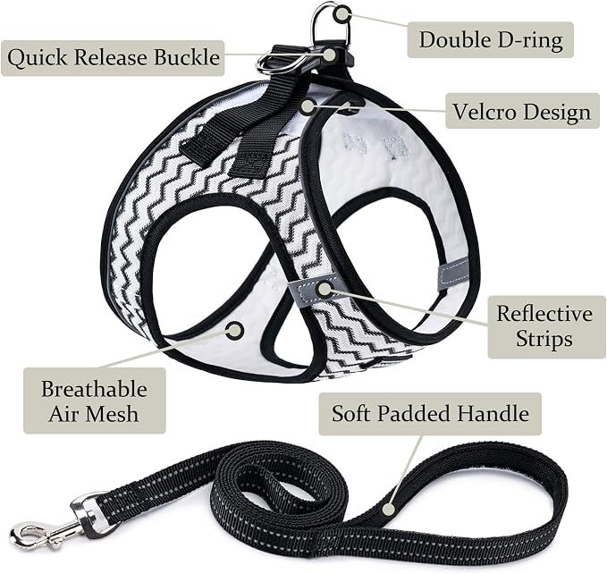 Dog Harness with Leash Set, Step-in Adjustable Puppy Vest, White Stripe XXS | Lightweight Breathable Air Mesh, Night Safety Reflective, No Pull Puppy Vest Harnesses for Small Medium Large Dogs, Cats - Image 2