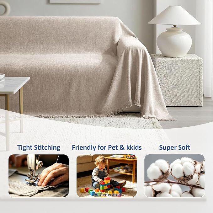 Chenille Couch Cover for Dogs Washable Boho Throw Blanket Washable | 71"×102",Khaki, Soft Chenille, Tassel Design, Pet Friendly, Furniture Protector, for Couch, Sofa, Bed, Living Room - Image 6