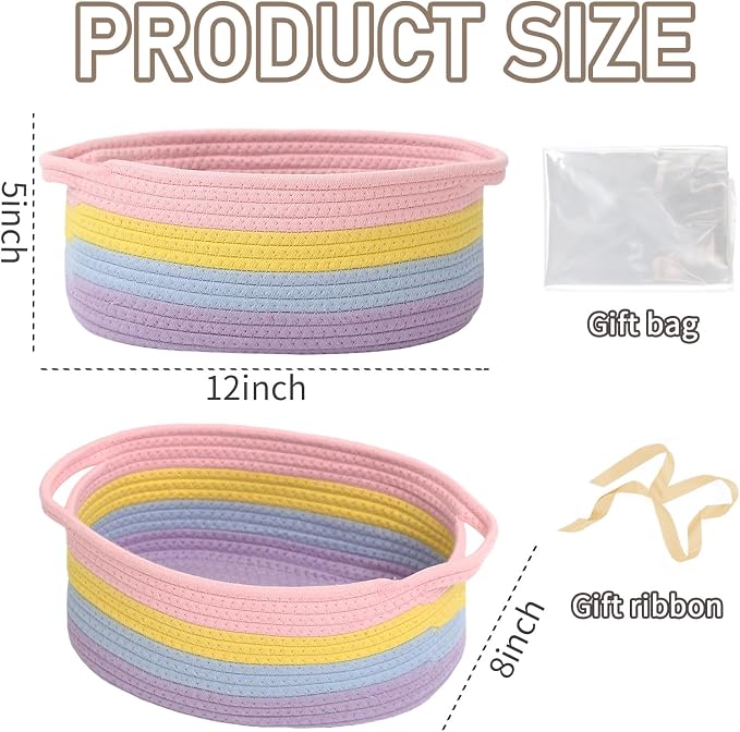 JMvicyroam Small Woven Basket, Empty Gift Basket, Rainbow/1 Pack | Small Gift Basket, Cotton Rope, 12 x 8 x 51 in, Handles, Includes Ribbon and Bag, Birthday Gift Basket - Image 2