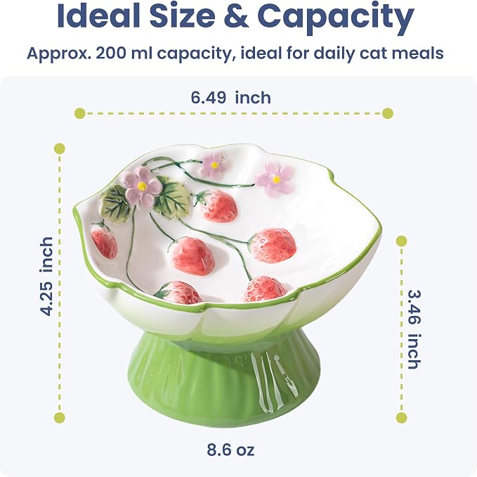 Strawberry Blooms Elevated Ceramic Cat Bowl, Green | Raised Cat Food Bowl with 15° Tilt, Whisker-Friendly Pet Feeding Bowl, Anti-Choking Dish, Dishwasher Safe - Image 7
