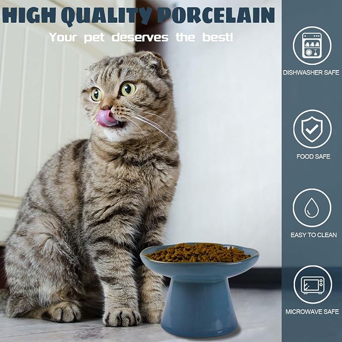 Extra Wide 6.1" Ceramic Raised Cat Food Bowl, Shallow Elevated Pet Feeder for Food Feeding, Anti Vomiting Whisker Fatigue Bowls for Cat Puppy, Blue - Image 4