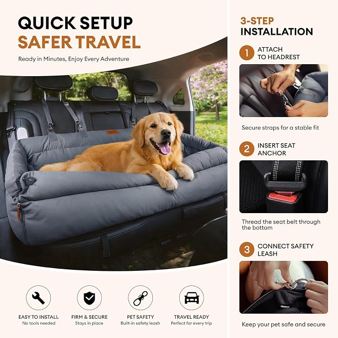 FUNNY FUZZY Leather Dog Car Seat for Large Size Dogs, Pet Booster Car Seats | Waterproof Car Seat with Safety Clip-On Leash, Soft Fabric Car Dog Bed Filling Memory Cotton, Washable Travel Pet Bed(Blue) - Image 4