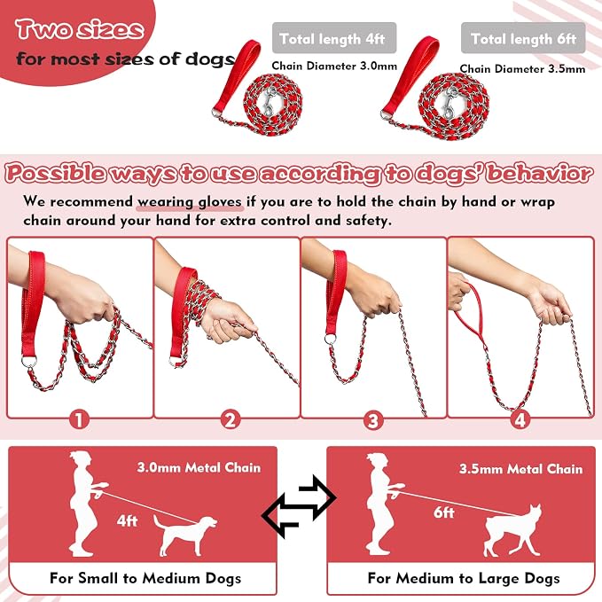 Metal Chain Dog Leash Chew Proof for Dogs, Red, 3.5mm, 4FT | Close Control for Training and Busy Areas, Chew Resistant Chain, Padded Handle, Swivel Clip - Image 5