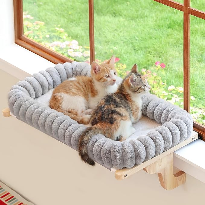 Zakkart SnugCloud Cat Window Perch with 4-Sided Bolster - Large Cat Hammock for Window Sill - Solid Hardwood & Metal Frame - Window Seat for Pets (Natural Color Wood w/Gray Bed, Large) by Zakkart