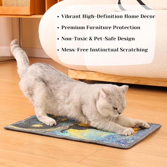 Sisal Cat Scratcher Post Mat (Use on Wall, Couch and Carpet), Durable and Shedding-Resistant Cat Scratching Surface - 21.7x13 inch with Hoop and Loop Adhesives, Twist Pins (Starry Night) - Image 2