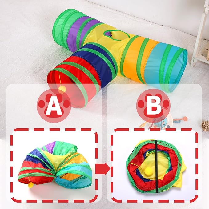 Pet Cat Tunnel, T-3 Way Tunnels for Indoor Cats, Collapsible Pet Tunnel for Kitten, Puppy, Rabbit, 25cm-Wide Tunnels, Durable & Breathable, with Peek Hole Toy Ball - Image 4