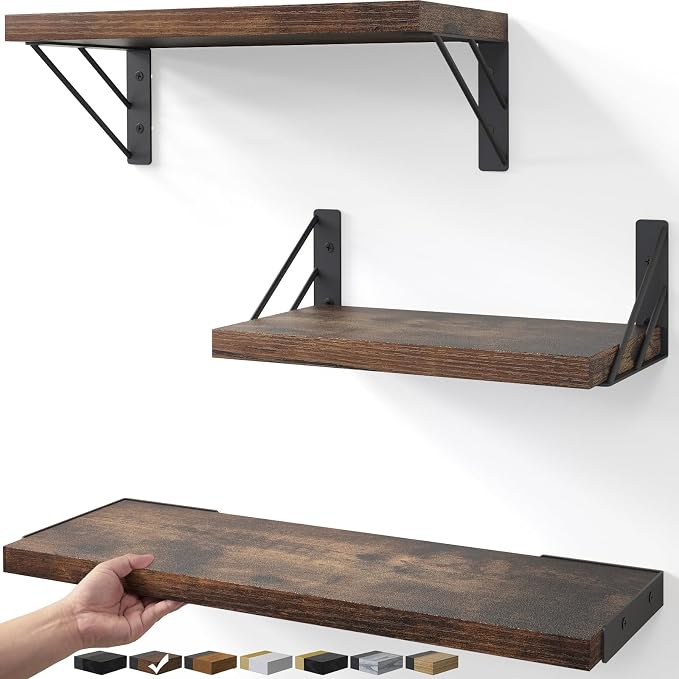BAYKA Wall Shelves for Bedroom Decor, Floating Shelves for Wall, Display Mounted Rustic Wood Shelf for Books,Plants,Corner Shelves for Bathroom,Kitchen,Living Room(Rustic Brown,Set of 3) by Bayka