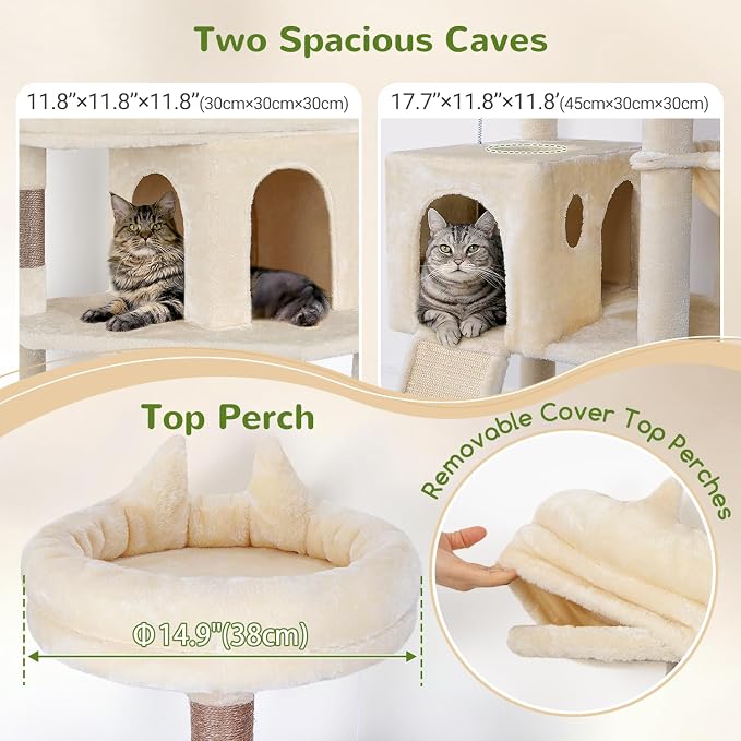Globlazer Heavy Duty Cat Trees for Large Cats, Sturdy 72in Maine Coon Cat Tree for Large Cat 20 lbs+ Heavy Duty Cat Tower for Adult Biggest Cats with 6 Scratching Posts, Hammock, S72, Beige - Image 5