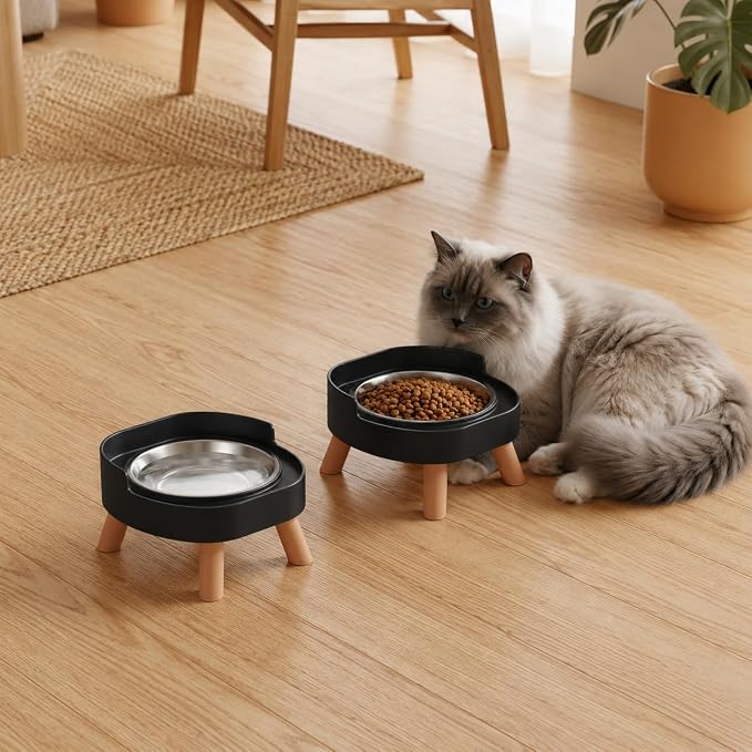Elevated Cat Bowls, 2P Raised Cat Food and Water Bowl Set for Indoor Cats, Splash Proof with 2 Stainless Steel Pet Food Bowls for Cats ＆ Puppies, Whisker Friendly and Dishwasher Safe - Black - Image 7